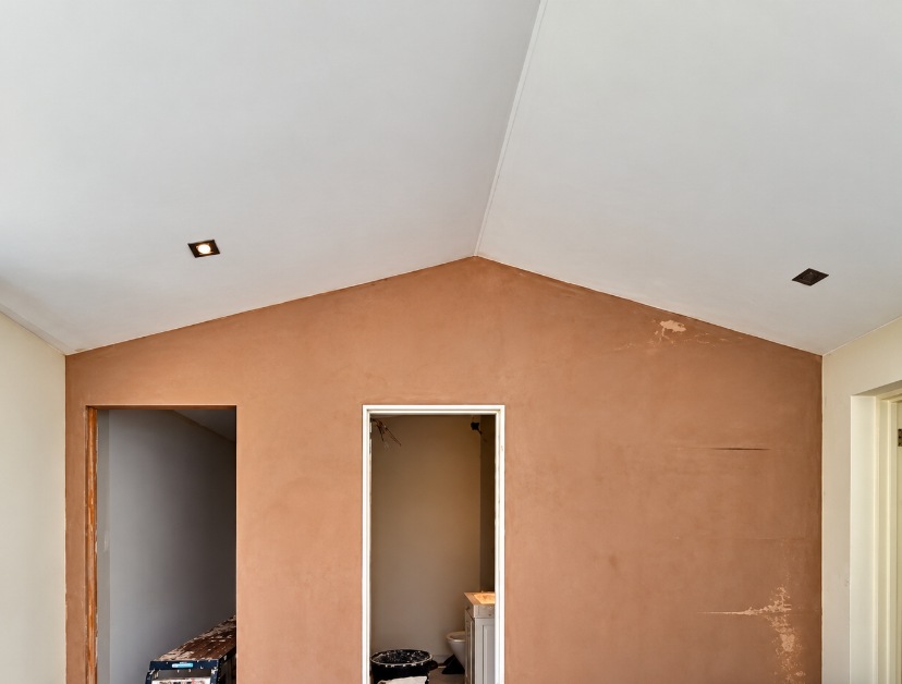 Gabled wall after plastering in a SE London home, with openings through to adjoining rooms.