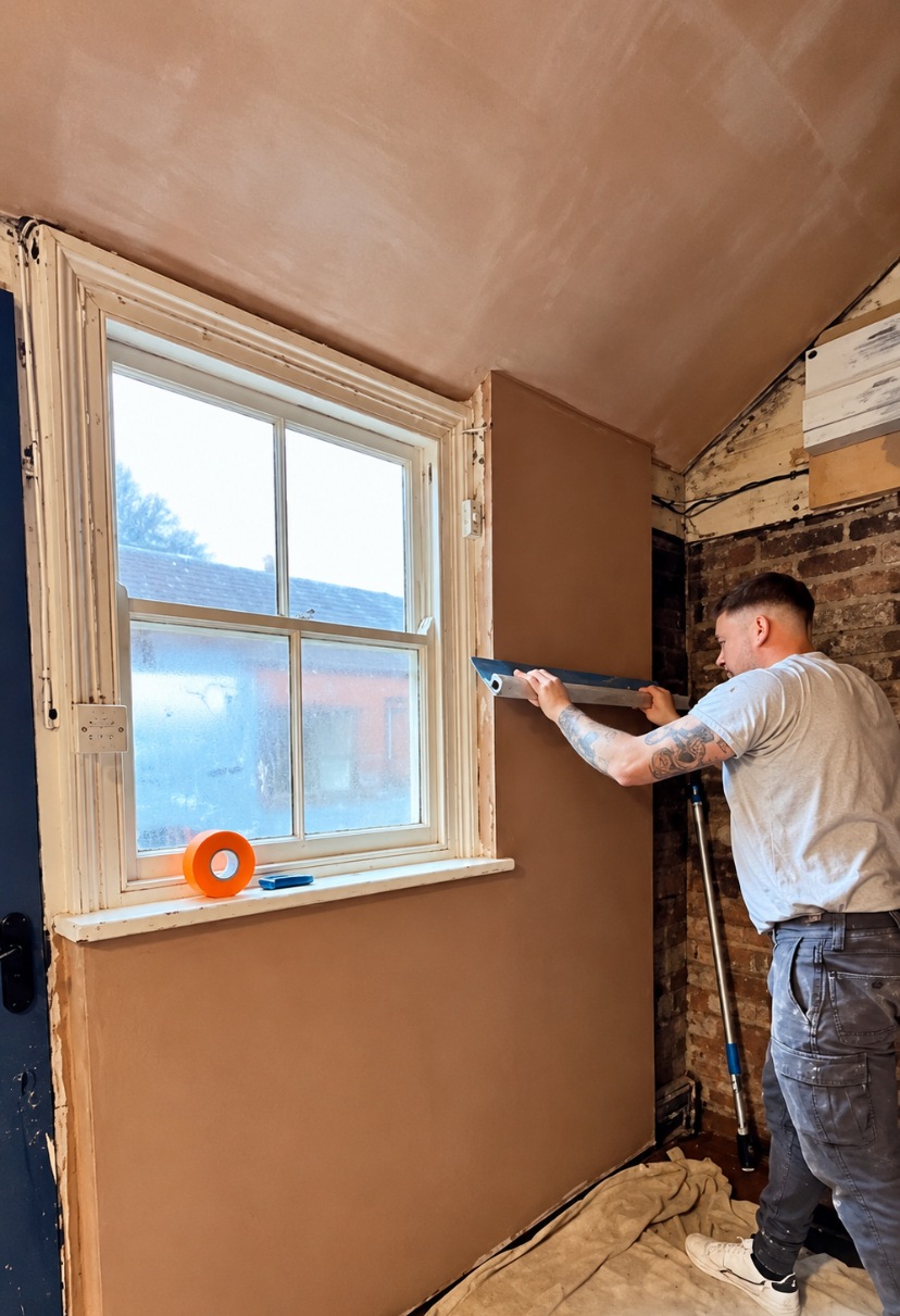 SE London plasterer skimming a wall beside a sash window, using a hawk and plastering trowel.